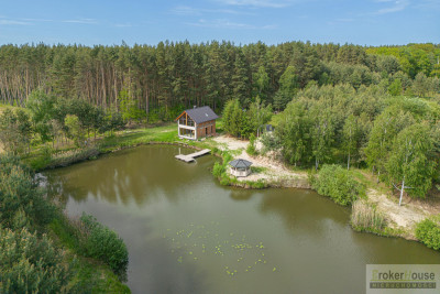 Stawy z rybaczówką przy ścianie lasu - Brynica   - Opolskie